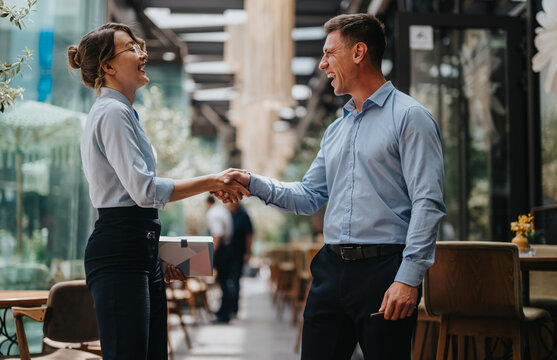 Two coworkers celebrate a successful agreement with a friendly handshake in a bright, contemporary workplace. - Powered by Adobe