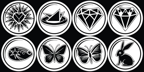 Set of eight black and white circular icons featuring stylized designs like a heart, diamond, butterfly, and rabbit