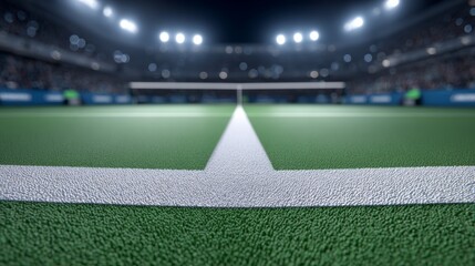Tennis match under lights stadium court night action cinematic environment dynamic perspective
