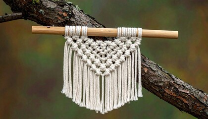 Symmetrical Macramé Wall Hanging on Wooden Dowel Suspended Outdoors with Natural Background