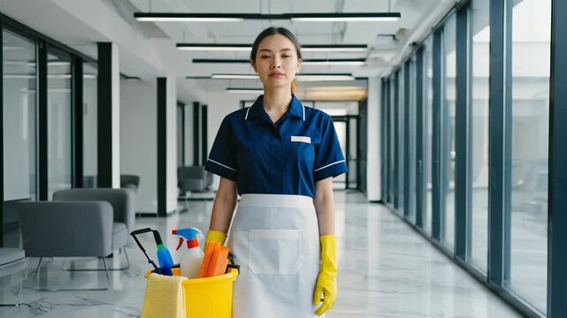 Dedicated Asian Cleaning Lady in Modern Office Holding Cleaning Supplies, Posing with Confidence and Professionalism