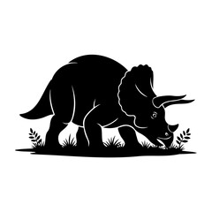 Silhouette of a triceratops dinosaur grazing in grass on a white background © Alo