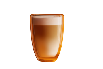 Double walled glass cup filled with layered coffee drink and foam beverage latte, Isolated On Transparent Background, Png Cut Out