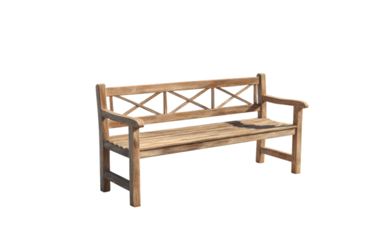 Wooden garden bench with crisscross backrest on black background outdoor, Isolated On Transparent Background, Png Cut Out