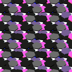 A dynamic seamless pattern featuring layered hexagons in neon tones with 3D depth, perfect for apparel, tech visuals, digital graphics, backgrounds and creative packaging layouts.