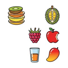 Colorful cartoon fruit icon set with apple, mango, durian, raspberry, and juice.