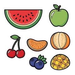 Colorful cartoon fruit collection with watermelon, apple, cherry, orange, blueberry, and mango