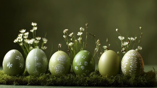 Row of Green Easter Eggs with White Floral Patterns Nestled on Moss Against Dark Green Backdrop and Small White Flowers for Easter Decoration Still Life Arrangement