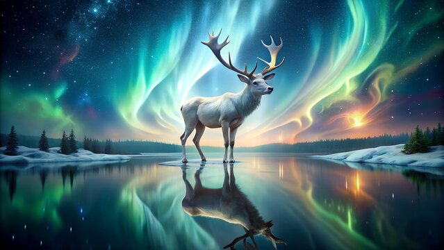 Majestic stag reflecting in calm waters under the northern lights in a winter landscape