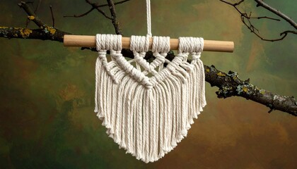 Symmetrical Macramé Wall Hanging on Wooden Dowel Suspended Outdoors with Natural Background