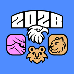 2028 year mascot heads tiger eagle lion frog vector
