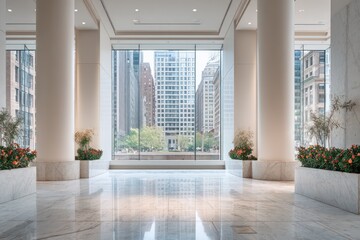 Obraz premium Bright modern lobby interior overlooks dense city buildings through large windows.