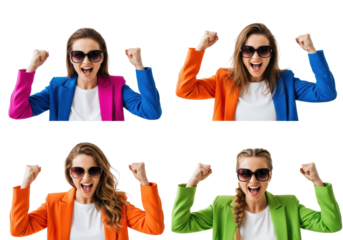 Four ecstatic caucasian women (20s-30s) in electric pink, royal blue, tangerine, and lime blazers, raising fists in triumph against a transparent studio background. Concept for professional