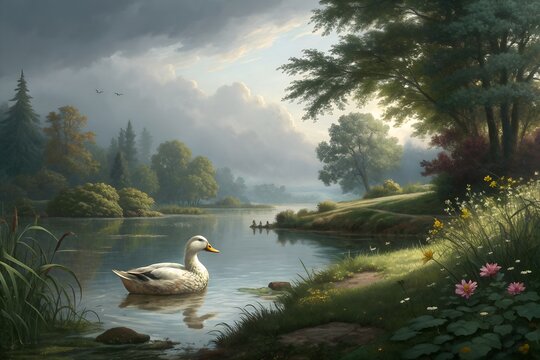 swans Painterly landscape of a peaceful white duck swimming on a calm pond under a dramatic, cloud-filled sky with lush green trees and natural light on the lake  