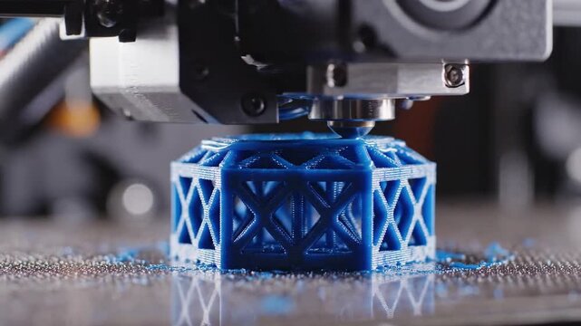 Close Up Macro Shot of a Blue 3D Printer Head Extruding Plastic Material Layer by Layer Creating a Complex Geometric Object on a Textured Build Plate with Filament Debris Scattered Around the Object