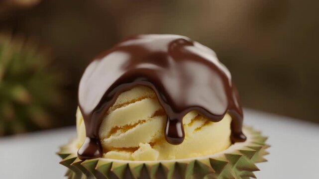 Durian ice cream coated with melted chocolate, placed on a clean. chocolate cake with nuts and chocolate