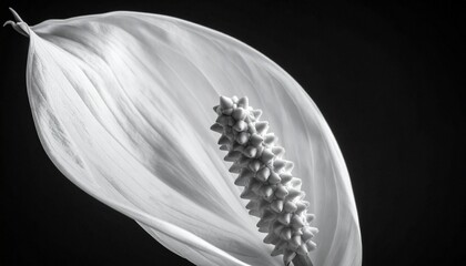 Close-Up Black and White Peace Lily Flower with Textured Spadix and Smooth Curved Spathe