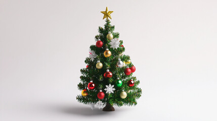 Christmas tree decorated with colorful ornaments and a golden star on top, isolated on white background