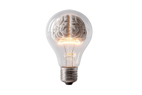 Clear light bulb containing a detailed human brain illuminated from within lightbulb idea, Isolated On Transparent Background, Png Cut Out