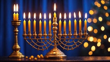 Fototapeta premium Light of Tradition: Hanukkiah, Flame, Celebration (AI-generated)
