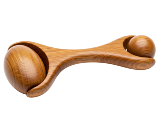 Wooden handheld massage roller tool with two rotating balls for spa on a transparent background