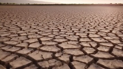 Severely cracked dry earth, a vast parched landscape under a hazy sky