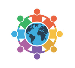 A diverse group of people holds hands around a stylized globe, symbolizing global unity and interconnectedness.