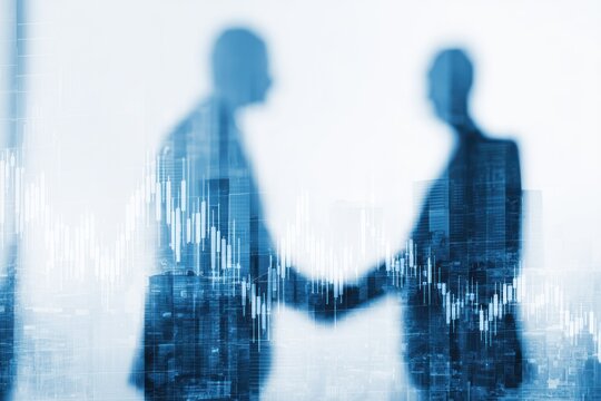 Blurred business handshake overlaid with city skyline and stock chart.