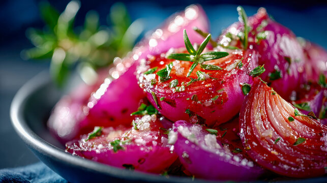 Close-up of roasted red onions seasoned with herbs and salt, showcasing vibrant color, caramelized texture, and fresh garnishes