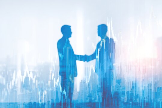Silhouettes of two businessmen shaking hands over city.