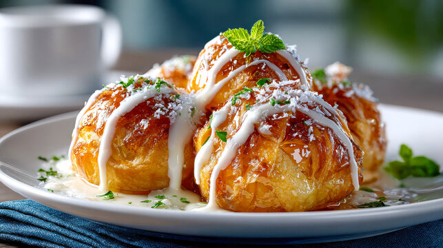 Golden glazed pastry balls topped with creamy white sauce, coconut flakes, and fresh herbs, served on a white plate