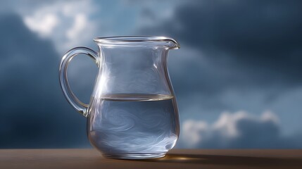A clear glass pitcher filled with swirling water sits on a wooden surface beneath a dramatic stormy sky