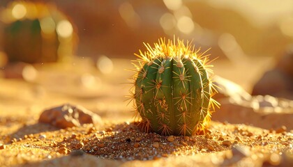Green Cactus Illuminated by Sunlight in Sandy Desert with Blurred Background and Natural Rocks