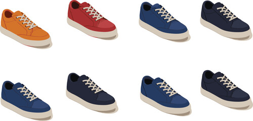 Isometric illustration set of colorful athletic sneakers showing different styles, casual sport shoes, modern running footwear and trendy comfortable fashion designs