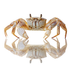 Close-up studio shot of a spotted ghost crab, an intricate marine crustacean, reflecting on a shiny surface