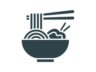 A stylized illustration depicts a bowl of ramen noodles being lifted with chopsticks, ready to eat.