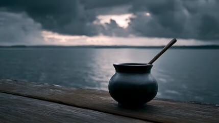 A dark ceramic pot with a wooden stirrer rests on a wooden surface by the sea under dramatic stormy clouds at dawn