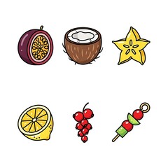 Colorful cartoon icon set of tropical fruits, berries, and a vegetable skewer.