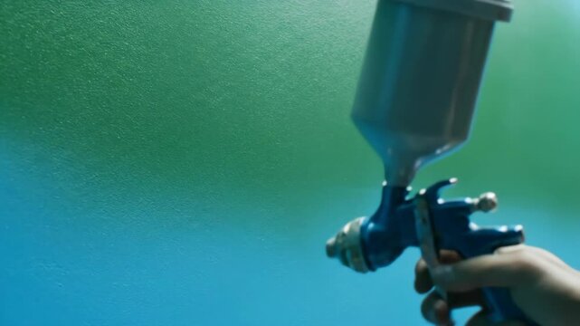 Spraying green and blue paint with a spray gun, wall art, tool