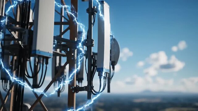 Close up of a cellular tower with blue electrical sparks and arcs against a bright sky with scattered clouds and a distant landscape below showcasing modern communication technology and energy