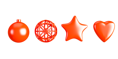 3d render Set of Four Red 3D Render Christmas and Valentine Ornaments Isolated on White
