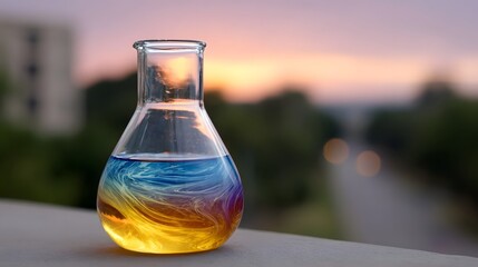 A glass laboratory flask filled with colorful swirling liquids sits outdoors during a vibrant twilight sunset