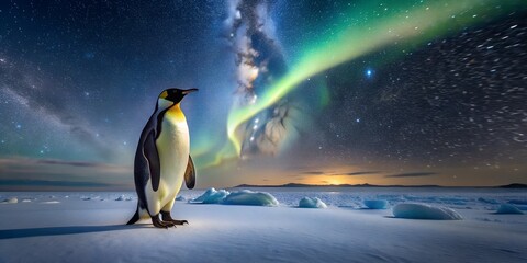 Emperor penguin gazing at aurora borealis and milky way over frozen antarctic landscape