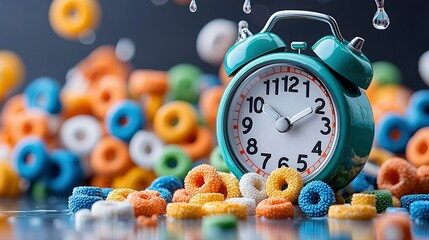 A teal alarm clock surrounded by colorful cereal rings, creating a vibrant and playful composition. Water droplets are falling in the background.