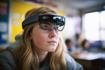 Engaging student exploring innovative virtual reality in classroom using modern augmented reality headset for education, creating immersive learning experience