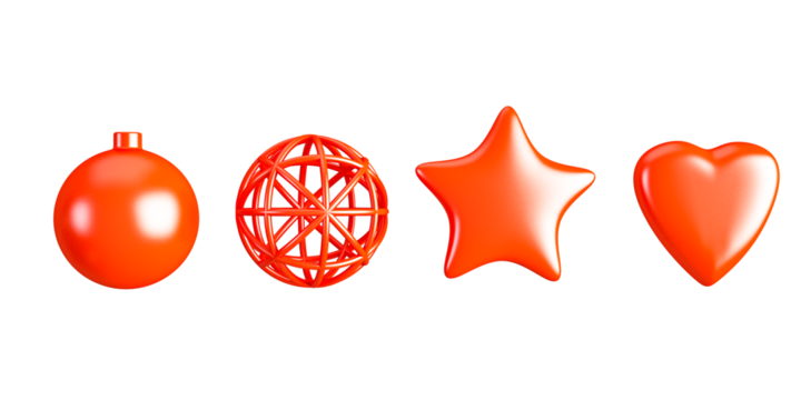 3d render Set of Four Red 3D Render Christmas and Valentine Ornaments Isolated on White
