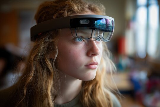 Intrigued young woman exploring digital reality with cutting-edge augmented reality headset for innovative learning experiences in modern classroom setting
