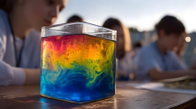 Vibrant rainbow colors swirl in a science experiment as students observe outdoors at twilight - Powered by Adobe