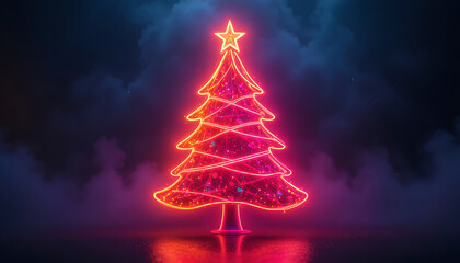 Neon Christmas Tree Shape in Orange and Pink Glow