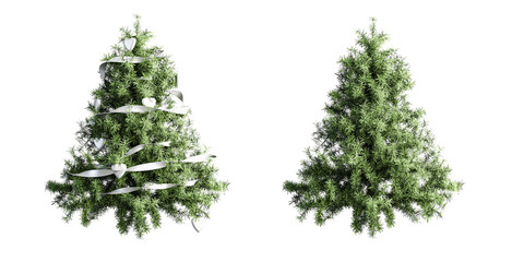 3d render Set of Two Christmas Trees: Decorated with White Ribbons and Undecorated, Isolated on White
